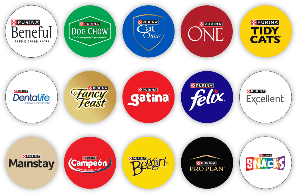 Logos de marcas Purina participantes: Beneful, Dog Chow, Cat Chow, ONE, Tidy Cats, Dentalife, Fancy Feast, Gatina, Felix, Excellent, Mainstay, Campeón, Beggin', Pro Plan y Snacks